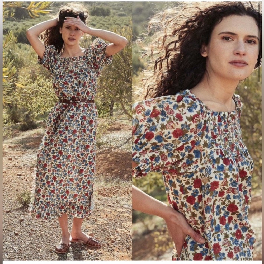 Doen Floral Midi Dress in Cream with Red & Blue Floral Print - Picture 2 of 5
